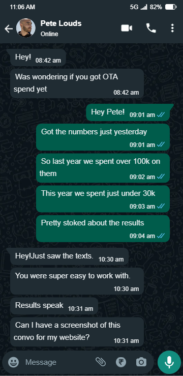 WhatsApp conversation: client reports OTA spend dropped from over 100k to under 30k