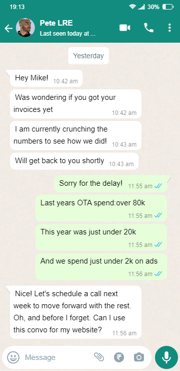WhatsApp conversation: Mike reports OTA spend dropped from over 80k to under 20k with under 2k in ad spend