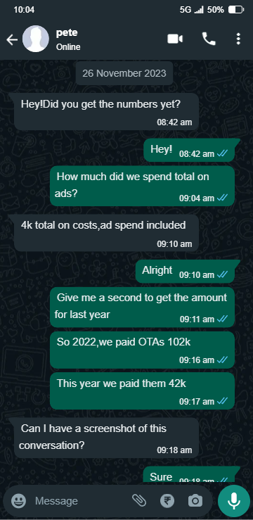 WhatsApp conversation: client confirms OTA spend dropped from 102k to 42k year over year